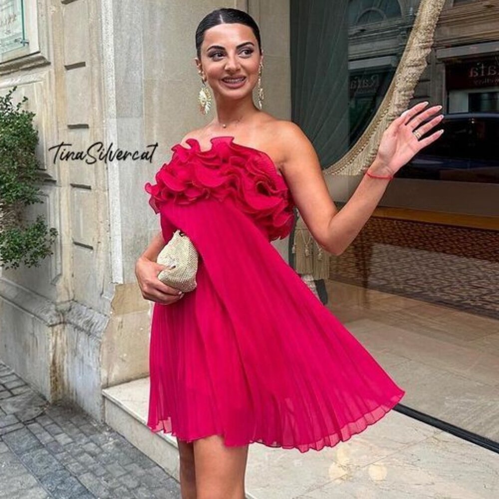 BLOGGER'S FAVE! Zara Pleated Ruffle Mini Dress Red NWT - Picture 15 of 16